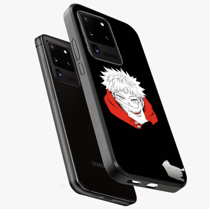 Crimson Chaos Smile Glass Case displayed in angled mockup highlighting edgy crimson smile design with graphic aesthetic.