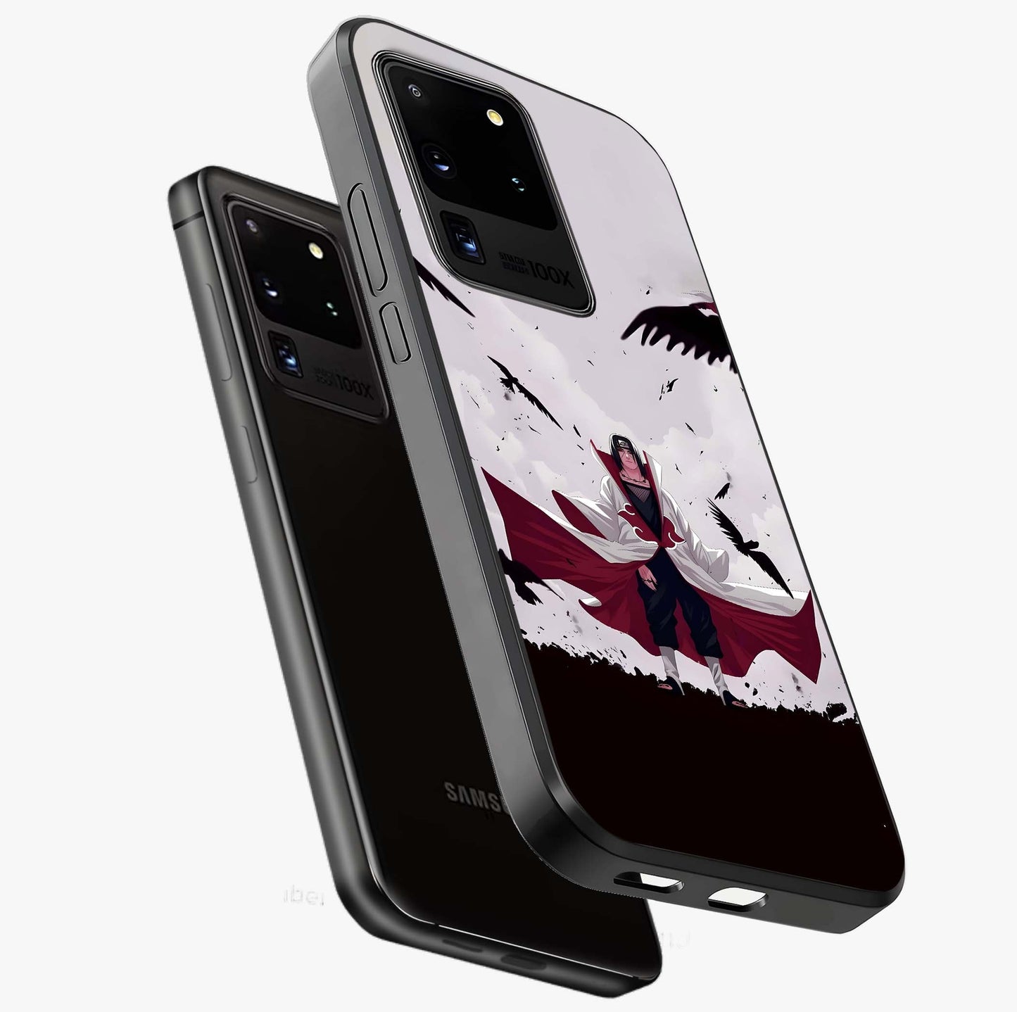 Crimson Crow Ascension Glass Case displayed in angled mockup highlighting powerful crow illustration with dark crimson aesthetic.