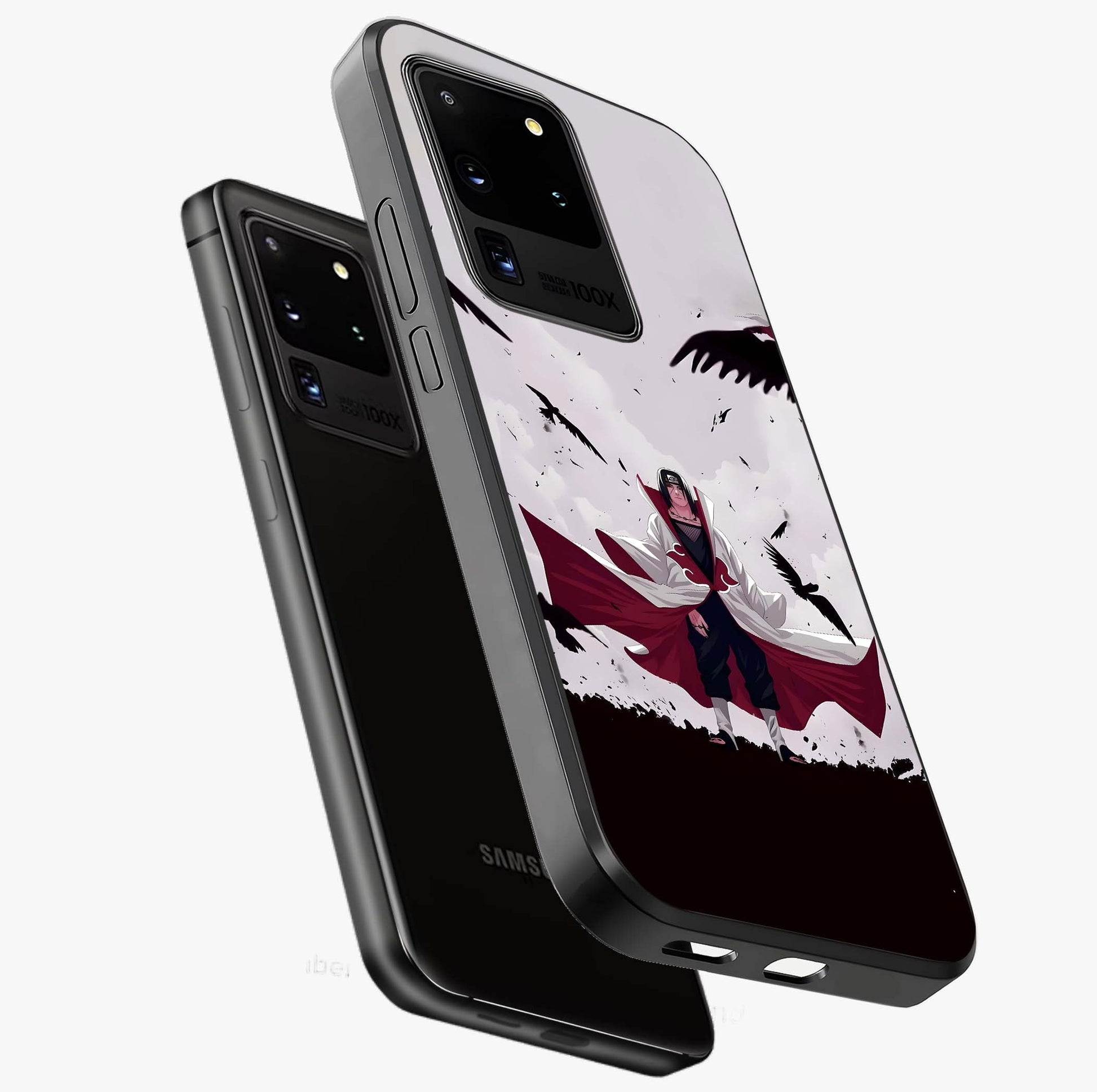 Crimson Crow Ascension Glass Case displayed in angled mockup highlighting powerful crow illustration with dark crimson aesthetic.