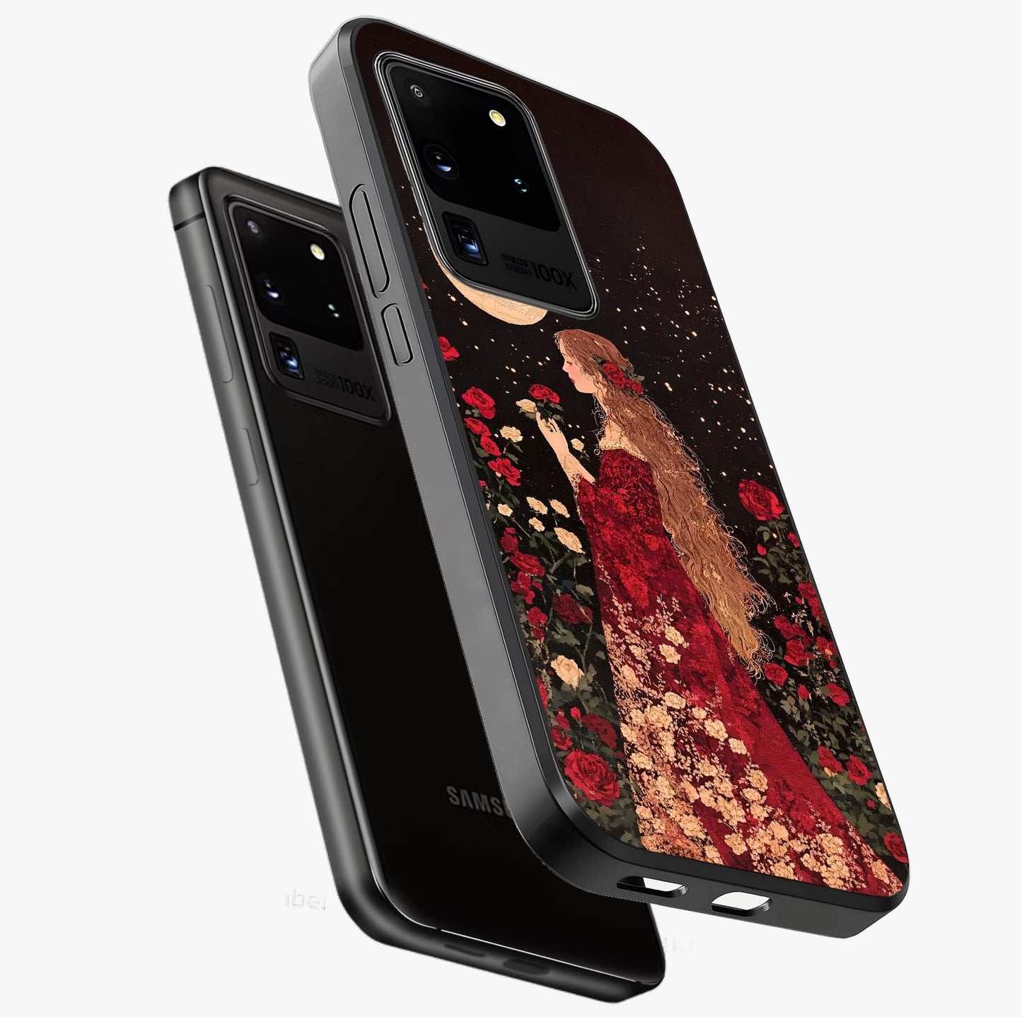 Crimson Dreams Glass Case displayed in angled mockup highlighting soft crimson aesthetic design with artistic theme.