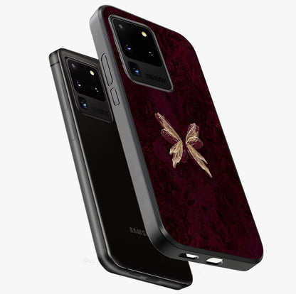 Crimson Fade Butterfly Glass Case displayed in angled mockup highlighting elegant butterfly design with crimson gradient aesthetic.