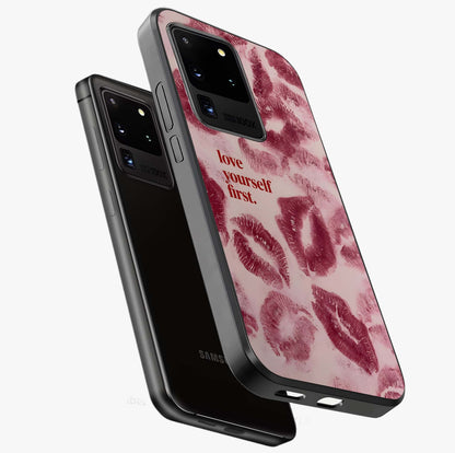 Crimson Kiss Love Glass Case displayed in angled mockup highlighting bold love inspired design with modern aesthetic style.