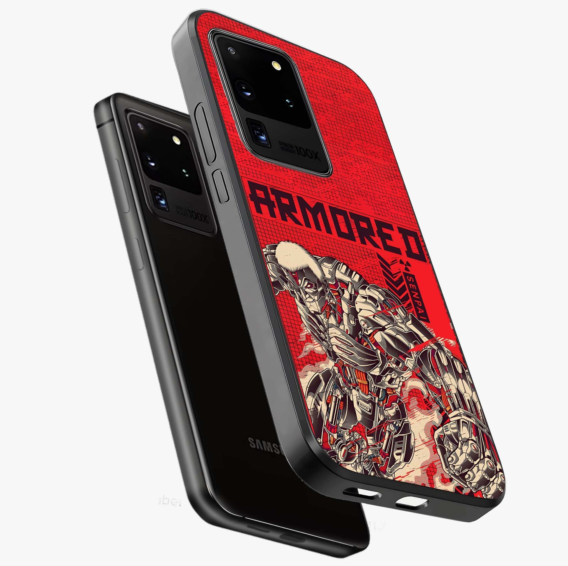 Crimson Mecha Titan Glass Case displayed in angled mockup highlighting futuristic mech illustration with bold crimson aesthetic.