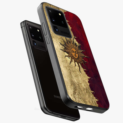 Crimson Sun Majesty Glass Case displayed in angled mockup highlighting majestic crimson sun design with bold aesthetic style.
