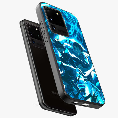 Cursed Energy Clash Glass Case displayed in angled mockup highlighting powerful battle inspired graphic with anime style aesthetic.