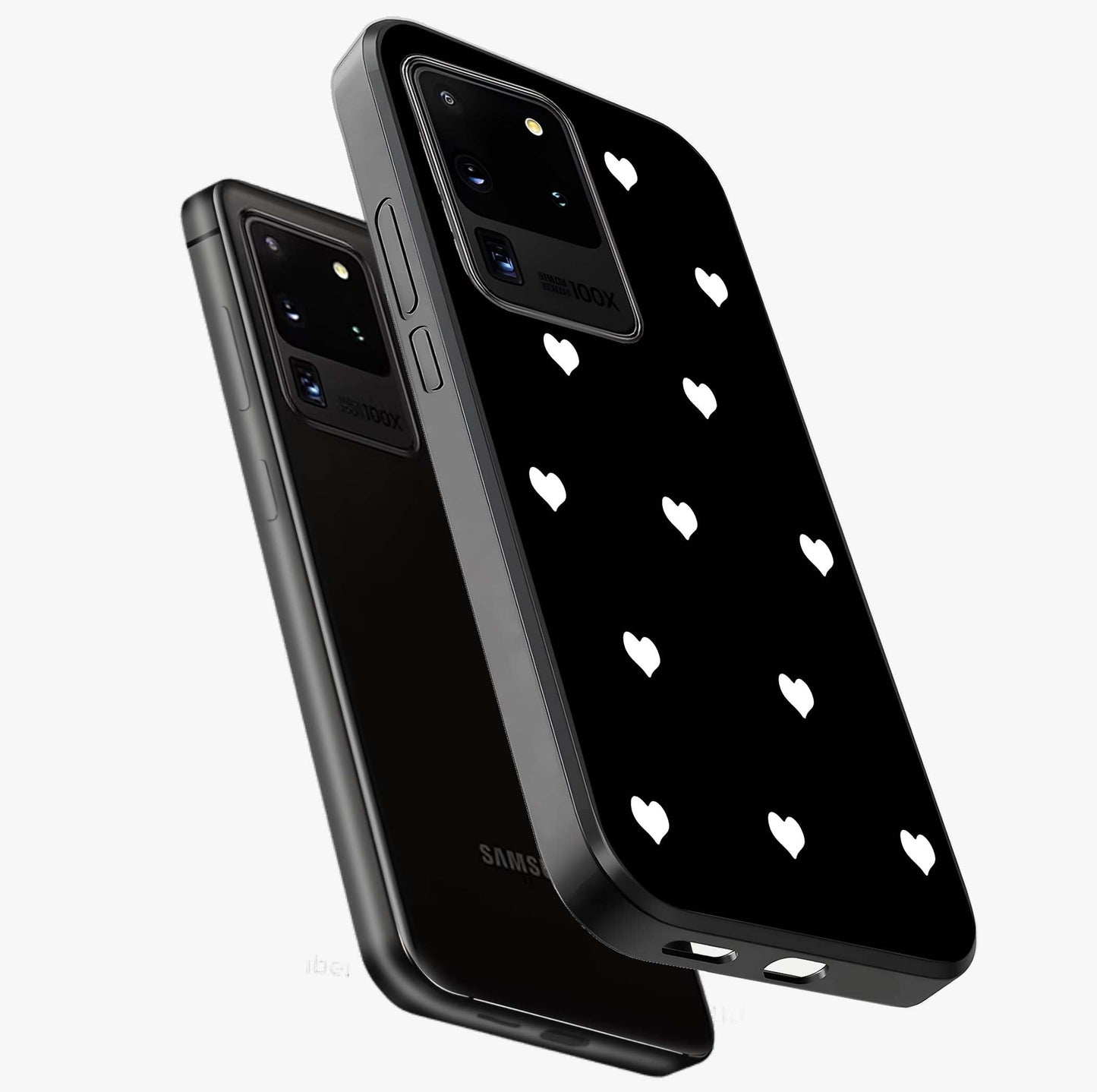 Cute And Simple White Hearts Glass Case displayed in angled mockup highlighting cute heart design with clean aesthetic style.