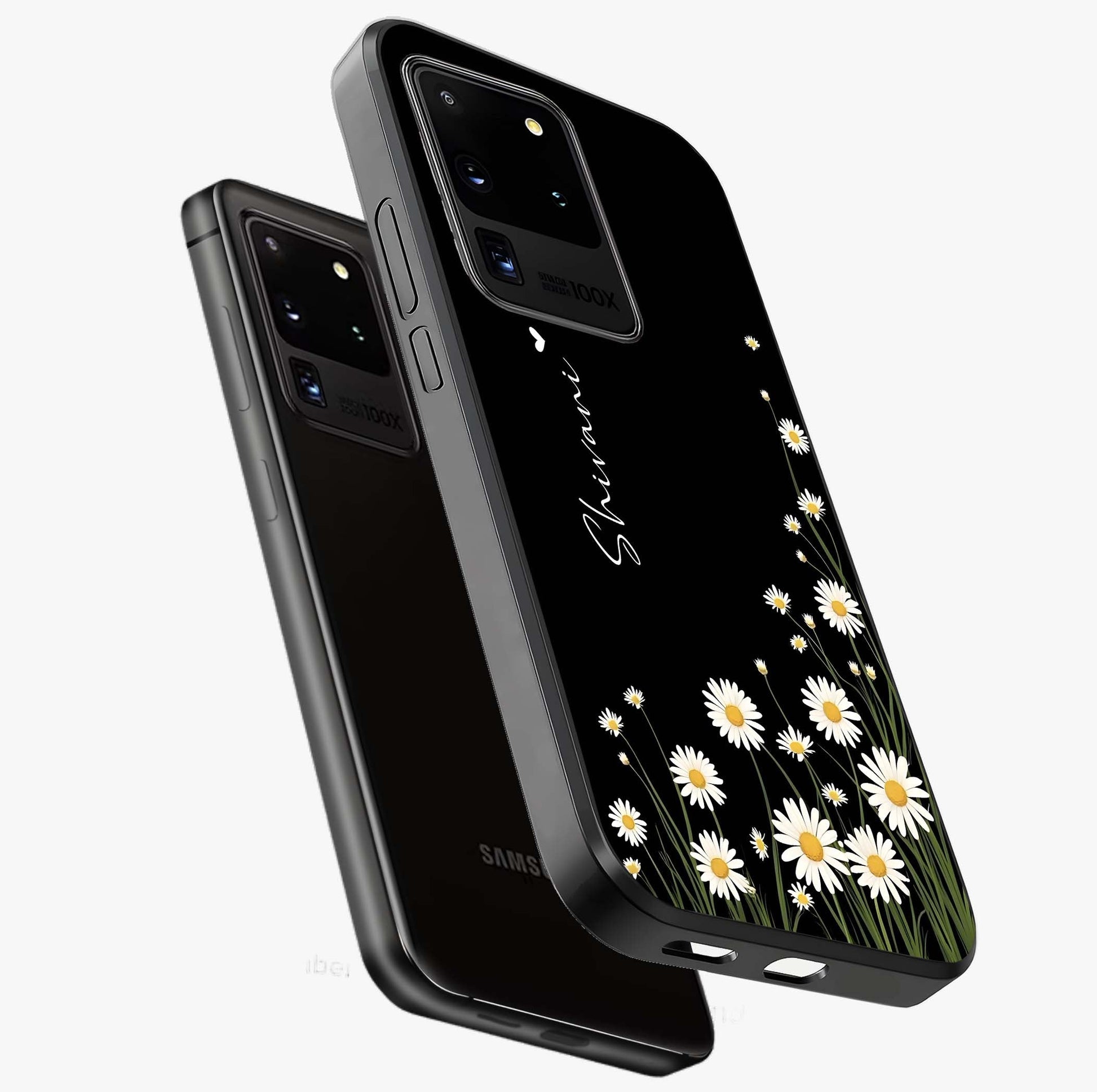 Daisy Cascade Custom Name Glass Case displayed in angled mockup highlighting delicate daisy artwork with custom name feature.