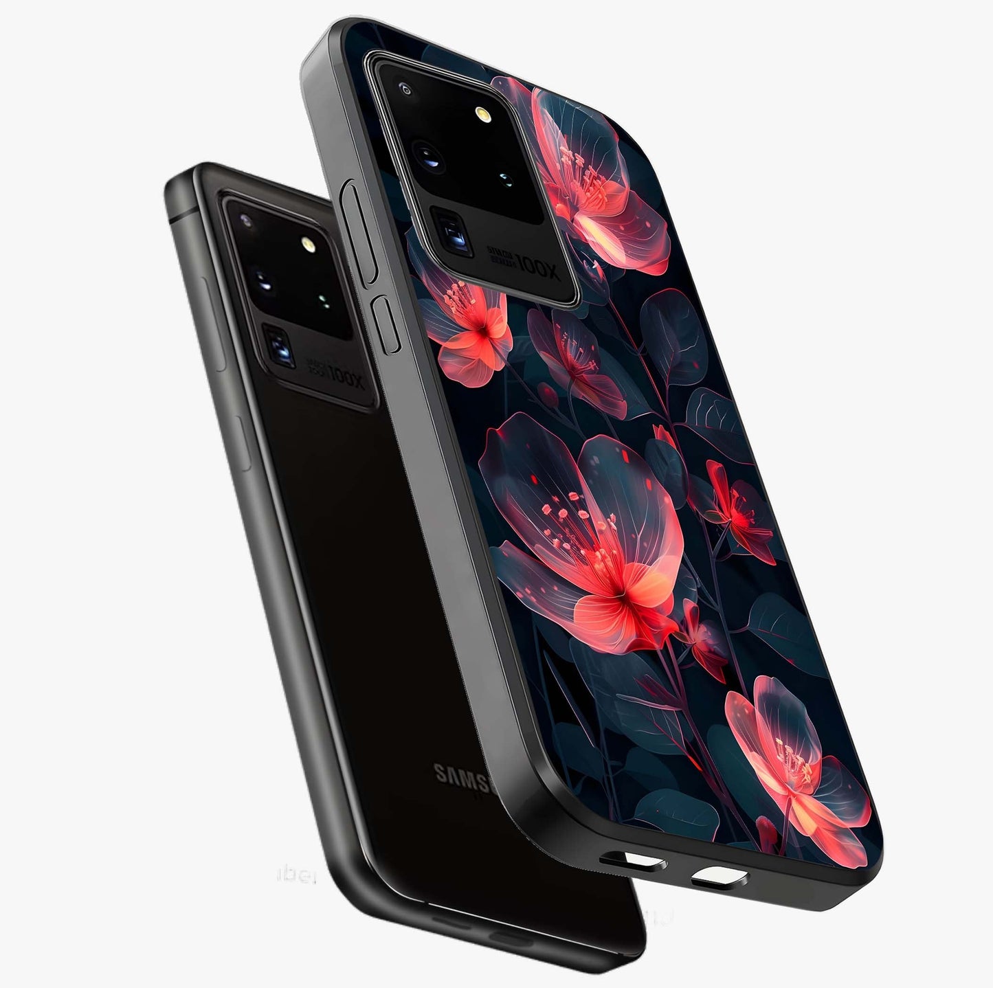 Dark Shade of Flower Glass Case displayed in angled mockup highlighting moody floral illustration with aesthetic dark tones.