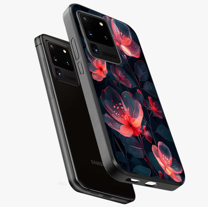 Dark Shade of Flower Glass Case displayed in angled mockup highlighting moody floral illustration with aesthetic dark tones.