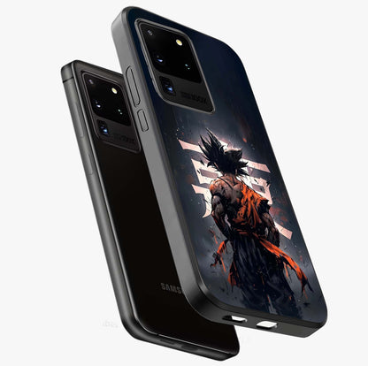 Dark Warrior In Rain Glass Case displayed in angled mockup highlighting dramatic warrior illustration with dark rain aesthetic.