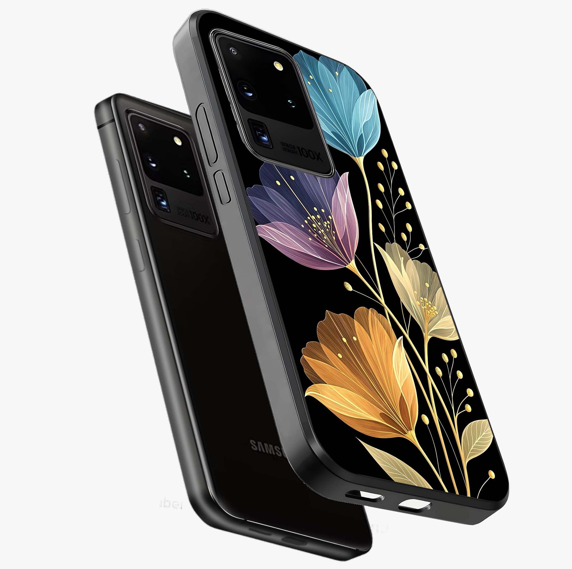 Delicate Multicolor Flowers Glass Case displayed in angled mockup highlighting colorful flower pattern with soft aesthetic style.
