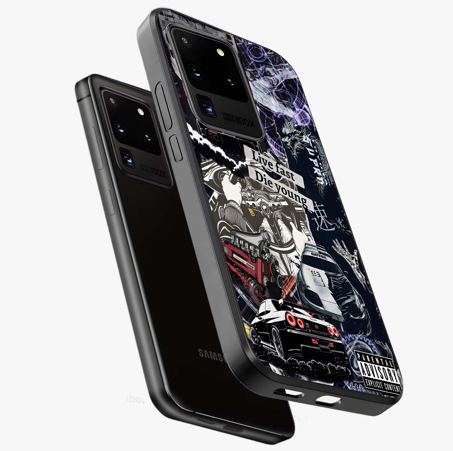 Die Young Glass Case displayed in angled mockup highlighting expressive graphic artwork with edgy aesthetic style.