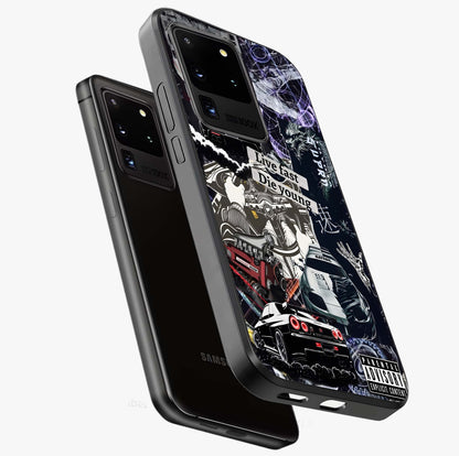 Die Young Glass Case displayed in angled mockup highlighting expressive graphic artwork with edgy aesthetic style.