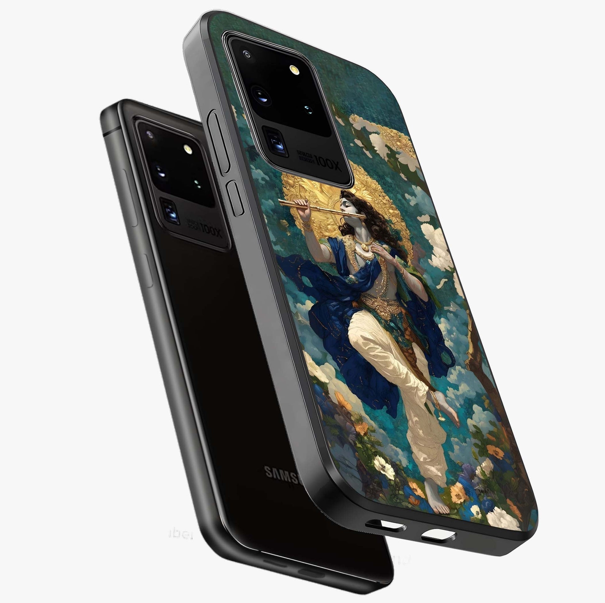 Divine Krishna Art Glass Case displayed in angled mockup highlighting spiritual Krishna illustration with devotional aesthetic.