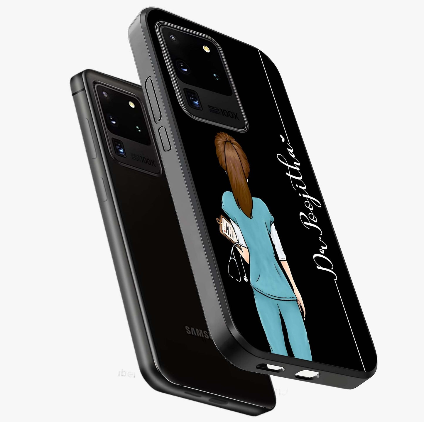 Doctor Pattern Custom Name Glass Case displayed in angled mockup highlighting doctor inspired artwork with custom name feature.