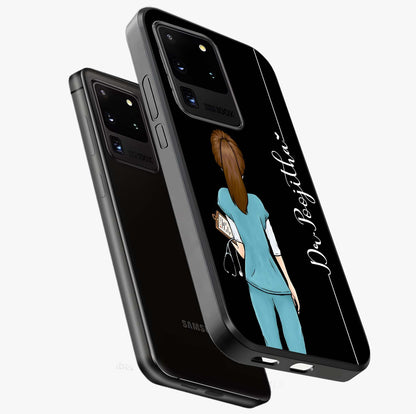 Doctor Pattern Custom Name Glass Case displayed in angled mockup highlighting doctor inspired artwork with custom name feature.