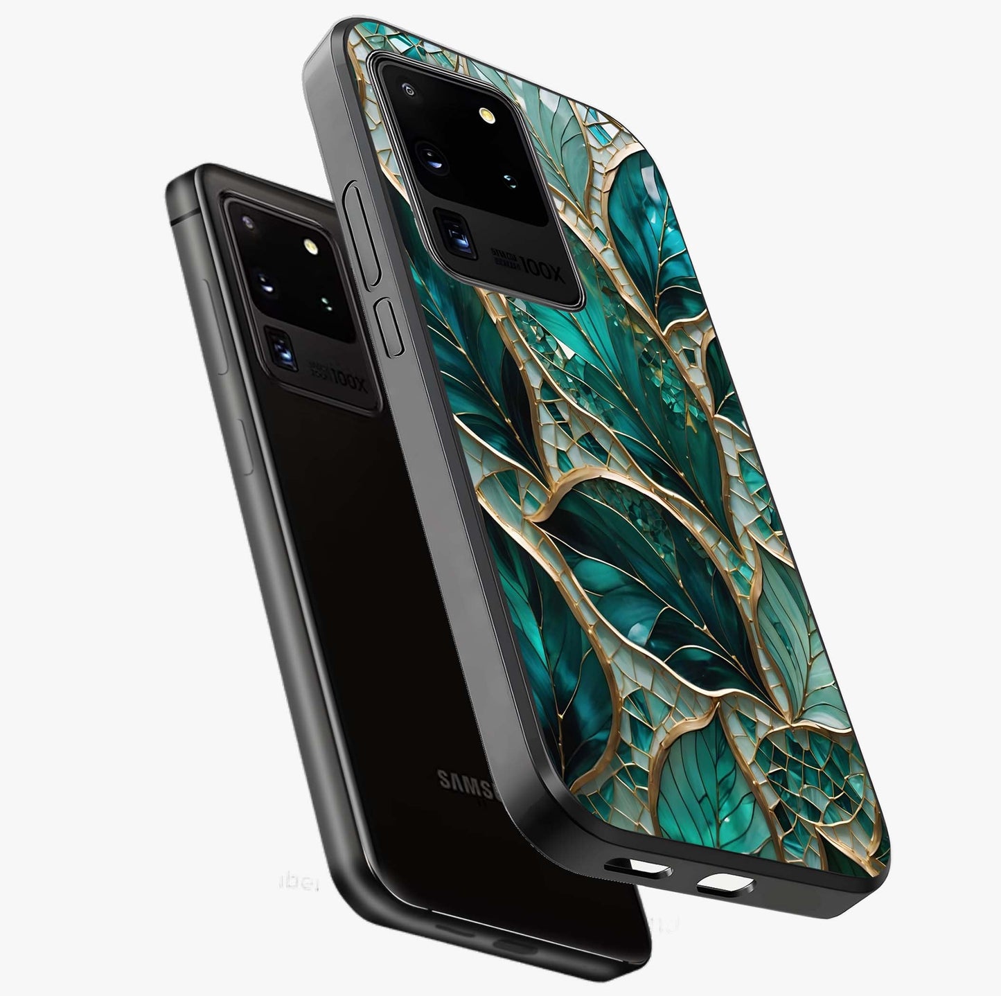 Emerald Leaf Glass Glass Case displayed in angled mockup highlighting botanical leaf illustration with elegant natural aesthetic.