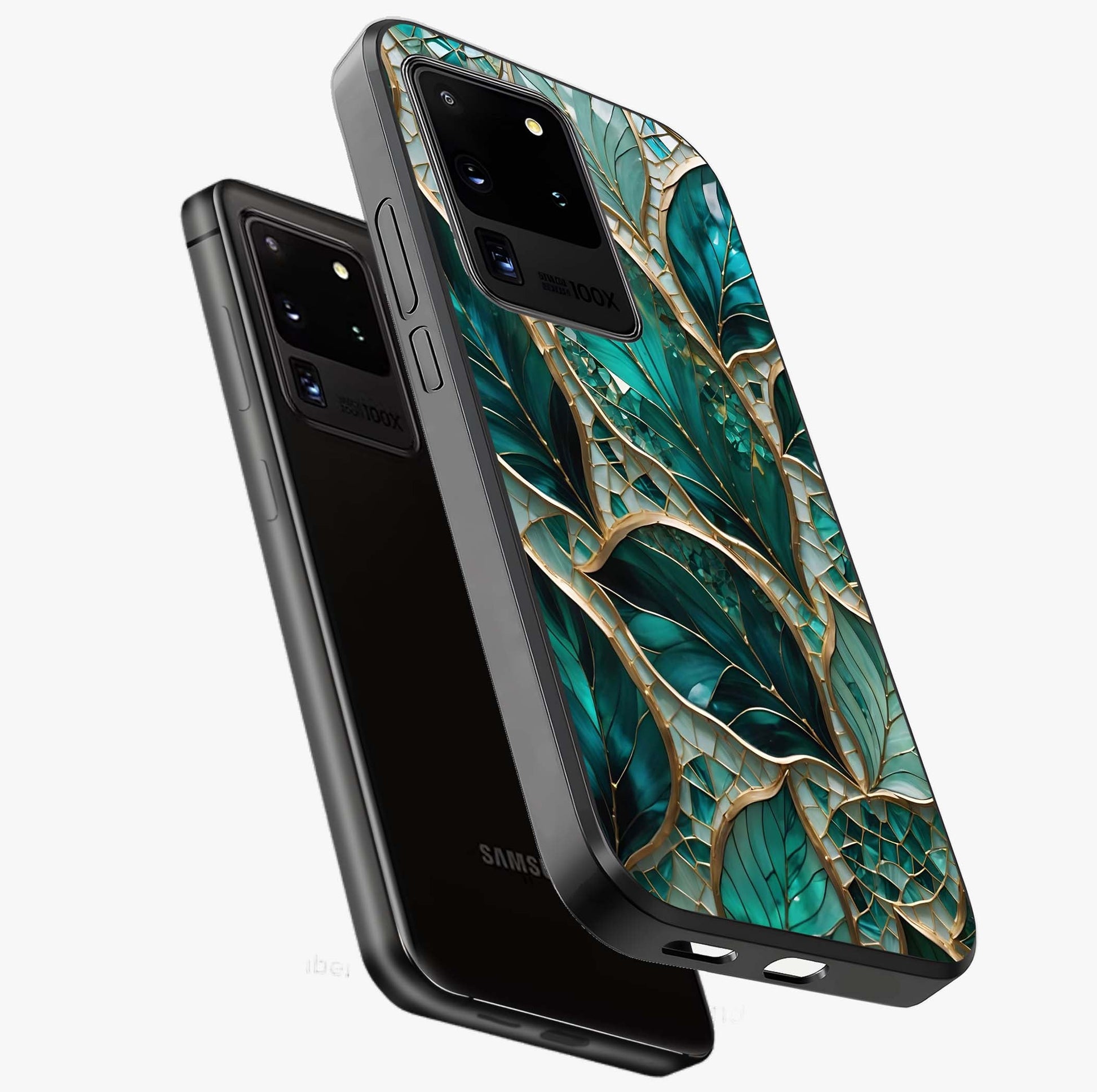 Emerald Leaf Glass Glass Case displayed in angled mockup highlighting botanical leaf illustration with elegant natural aesthetic.