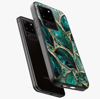 Emerald Leaf Glass Glass Case displayed in angled mockup highlighting botanical leaf illustration with elegant natural aesthetic.