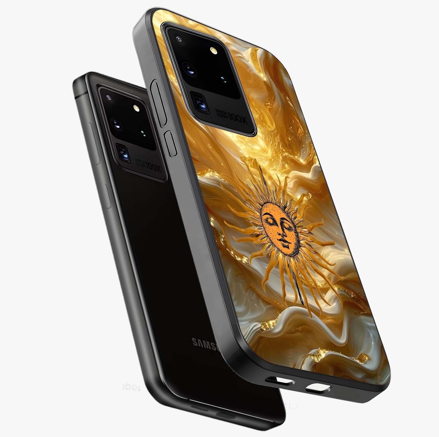 Eternal Golden Glow Glass Case displayed in angled mockup highlighting glowing golden aesthetic design with elegant style.