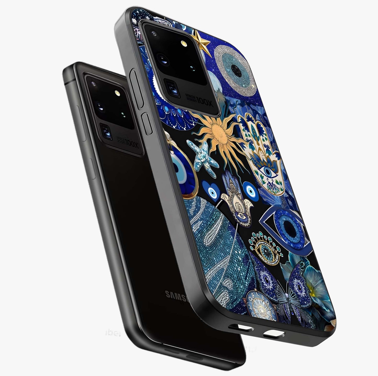 Evil Eye Charm Mix Glass Case displayed in angled mockup highlighting protective evil eye symbols with spiritual aesthetic design.