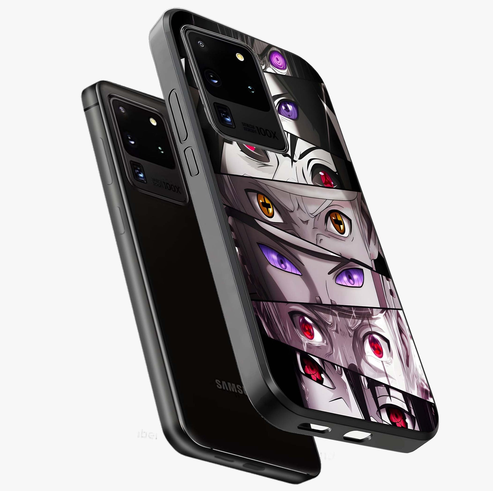 Eyes of Destiny Glass Case displayed in angled mockup highlighting bold eye illustration with mystical aesthetic style.