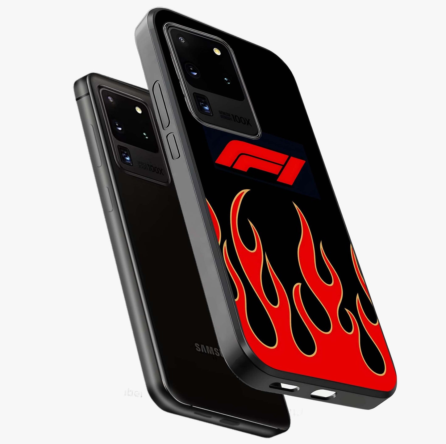 Fire F11 Glass Case displayed in angled mockup highlighting bold fire inspired graphic with energetic aesthetic style.
