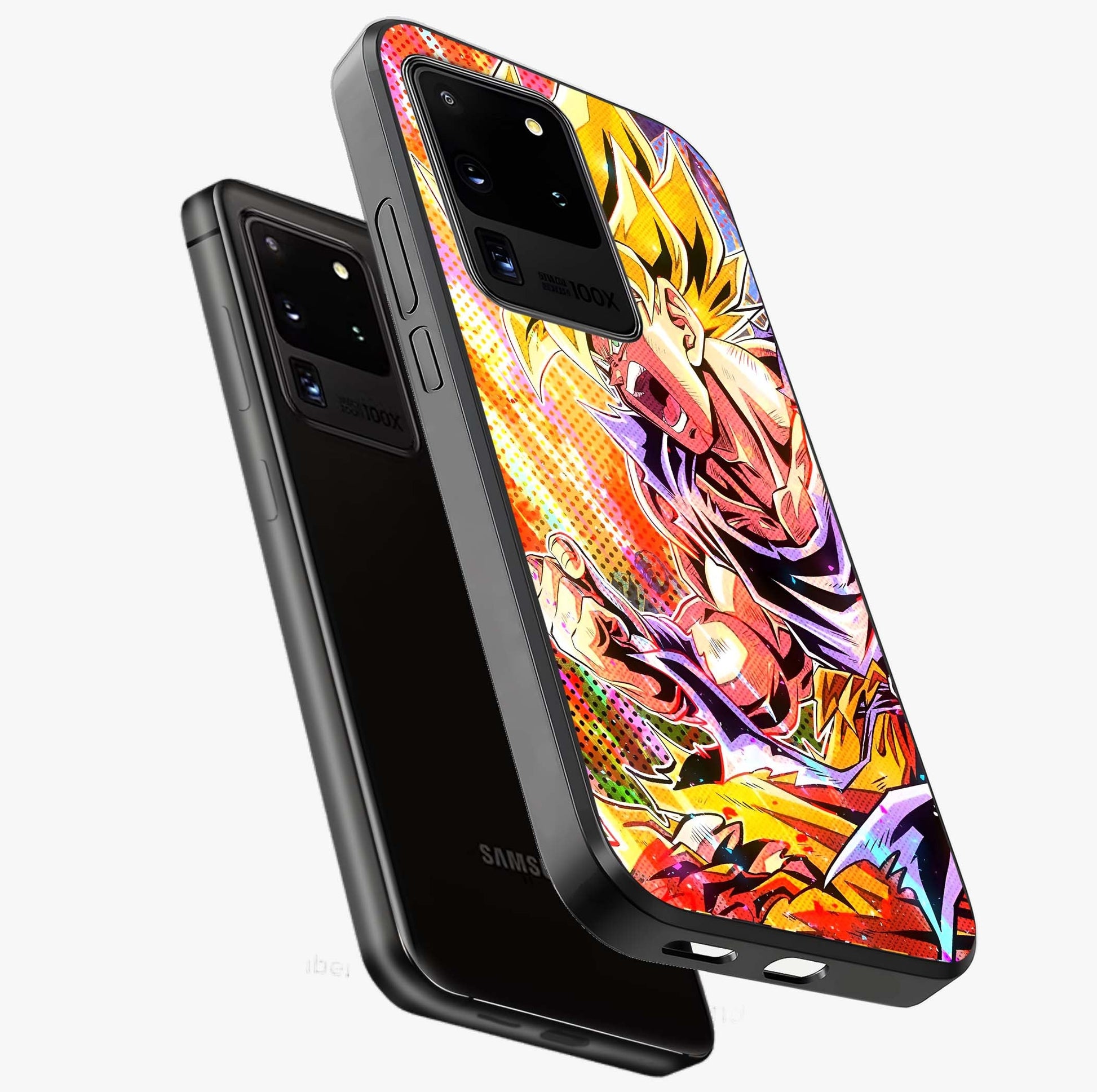 Firing Goku Glass Case displayed in angled mockup highlighting dynamic anime character design with action aesthetic.