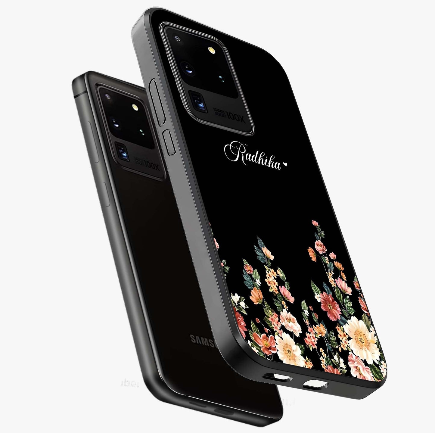 Floral Design With a Custom Personalized Name Glass Case displayed in angled mockup highlighting elegant floral pattern with custom name feature.
