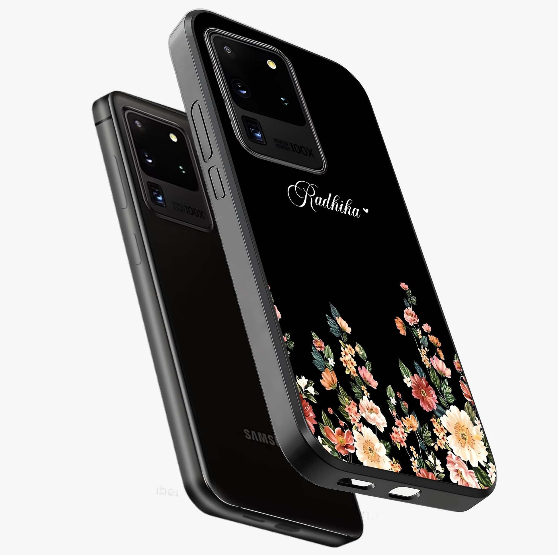 Floral Design With a Custom Personalized Name Glass Case displayed in angled mockup highlighting elegant floral pattern with custom name feature.