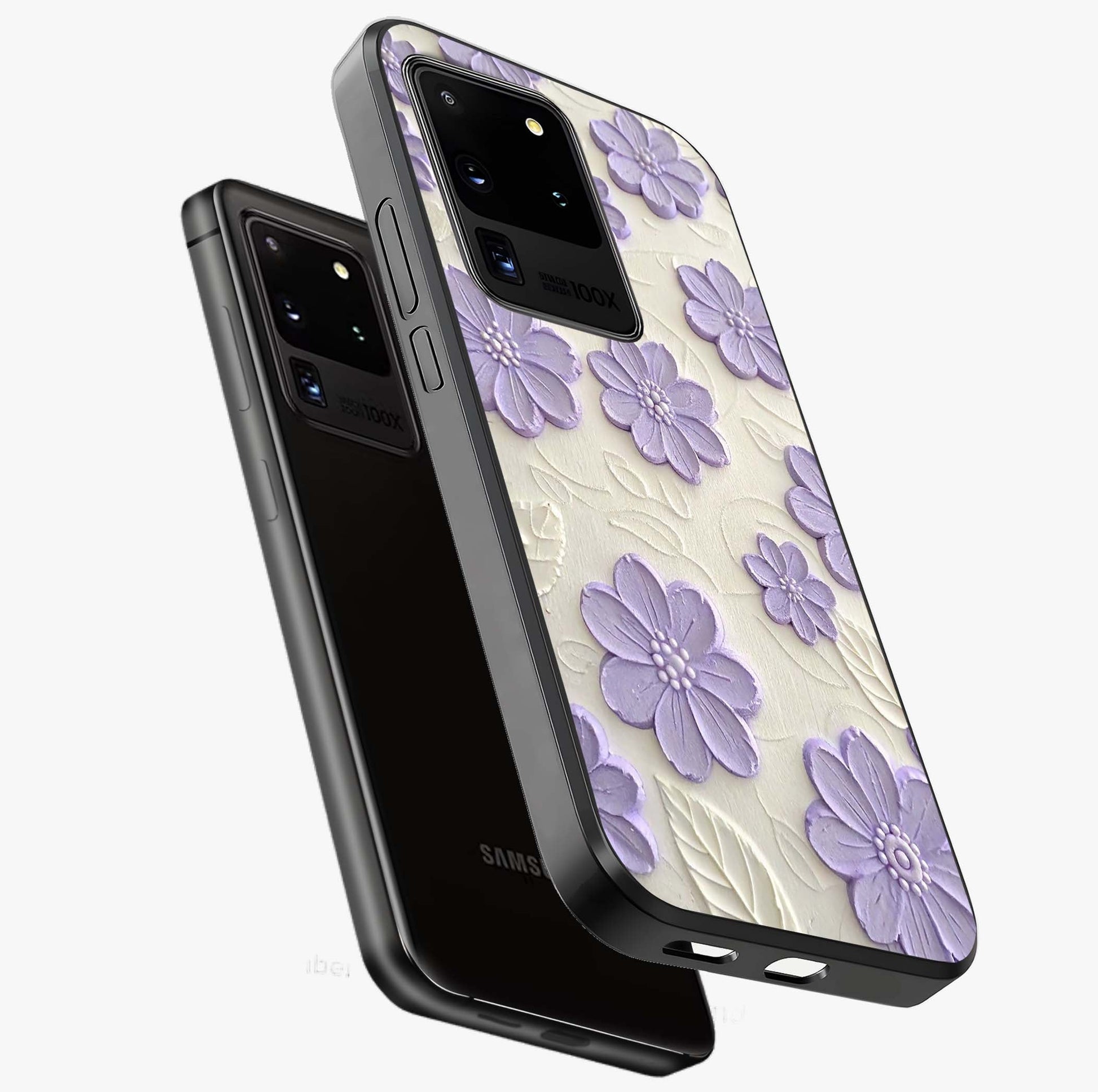 Floral Wall Art With Purple Flowers Glass Case displayed in angled mockup highlighting vibrant purple floral illustration with artistic aesthetic.