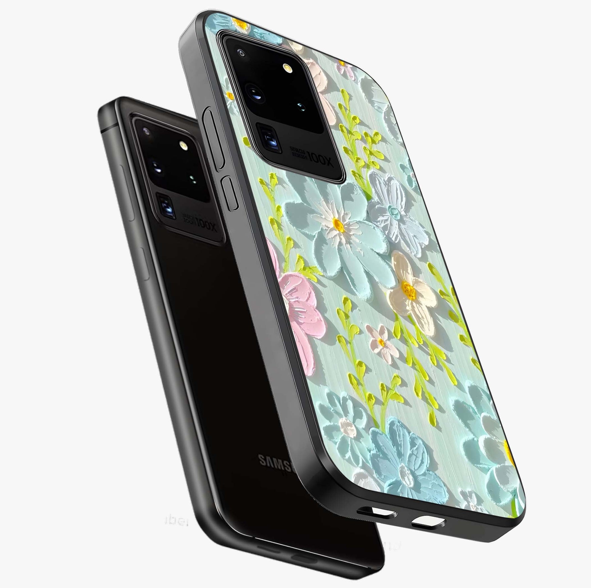 Frosted Petal Garden Glass Case displayed in angled mockup highlighting delicate flower petal design with calm garden aesthetic.