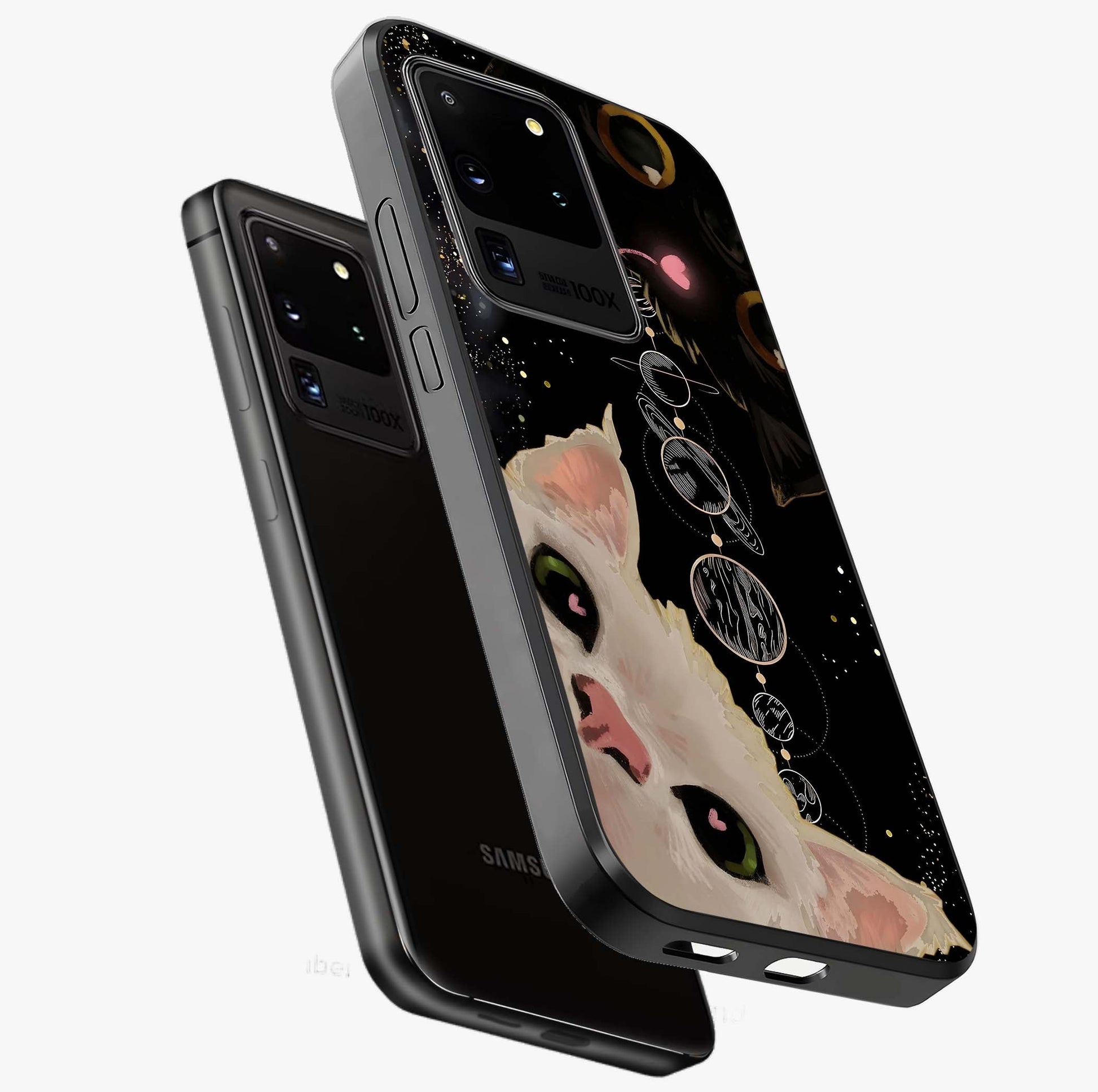 Galactic Cat Glass Case displayed in angled mockup highlighting celestial feline illustration with galaxy aesthetic style.