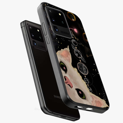 Galactic Cat Glass Case displayed in angled mockup highlighting celestial feline illustration with galaxy aesthetic style.