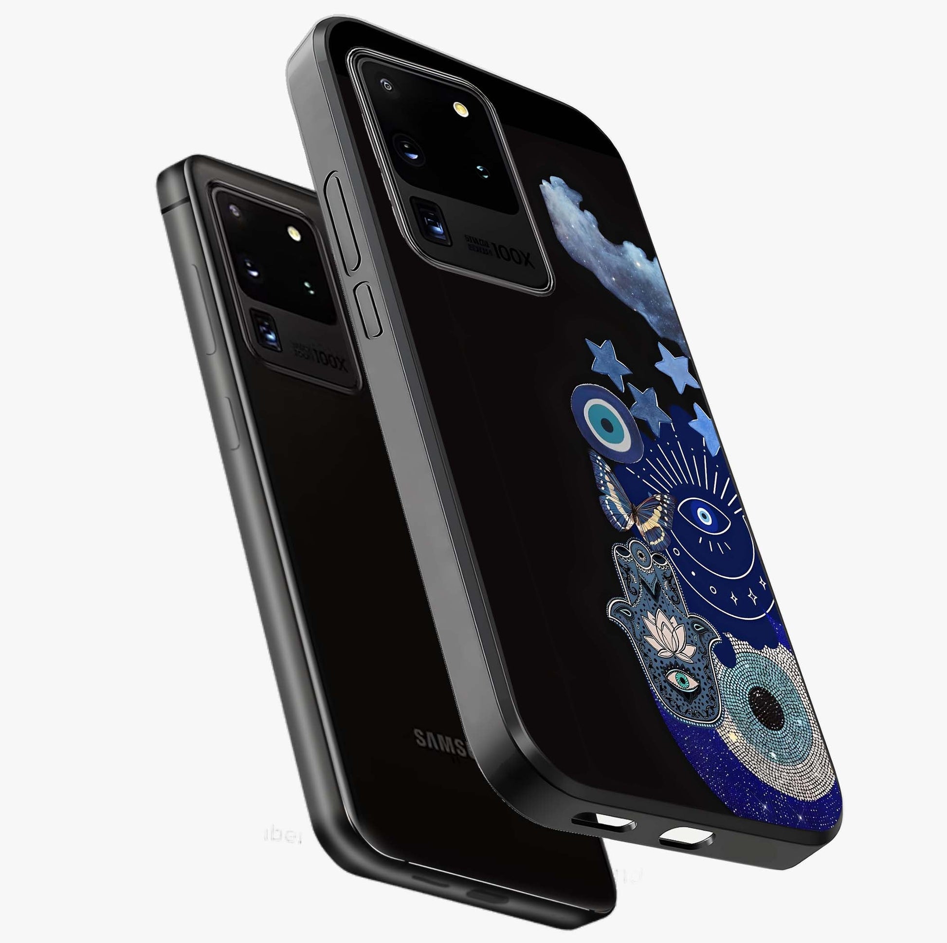 Galactic Charm Cluster Glass Case displayed in angled mockup highlighting luminous galaxy inspired design with dreamy aesthetic.