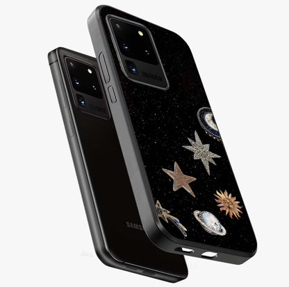 Galactic Charm Glow Glass Case displayed in angled mockup highlighting luminous galaxy inspired design with dreamy aesthetic.