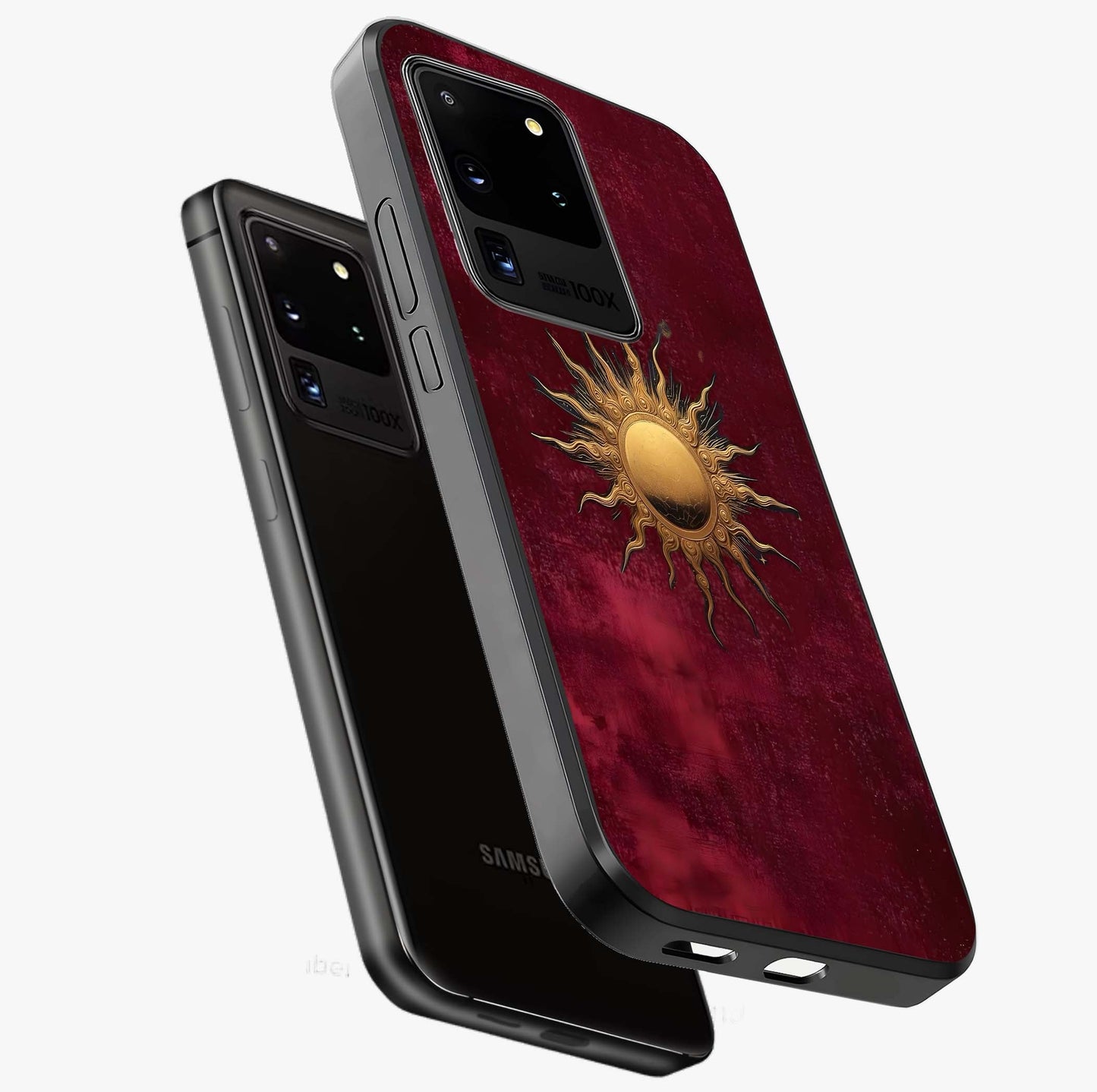 Golden Sun Minimalism Glass Case displayed in angled mockup highlighting clean sun symbol design with modern minimal aesthetic.