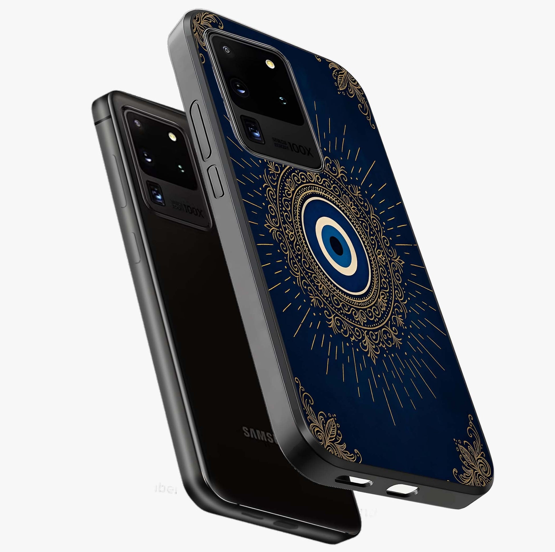 Golden Celestial Charm Glass Case displayed in angled mockup highlighting sparkling cosmic charm design with celestial aesthetic.