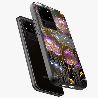 Golden Floral Majesty Glass Case displayed in angled mockup highlighting elegant flower design with royal golden aesthetic.