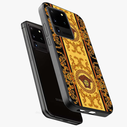 Golden Lotus Glow Glass Case displayed in angled mockup highlighting radiant lotus illustration with spiritual aesthetic.