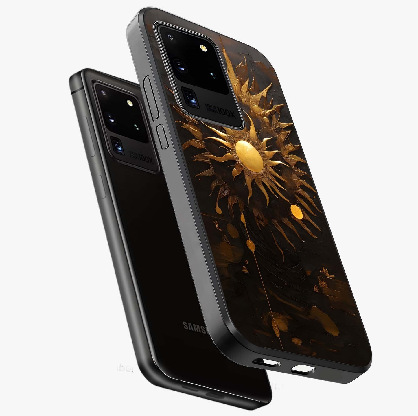 Golden Sun Majesty Glass Case displayed in angled mockup highlighting eerie shadow illustration with gothic aesthetic.