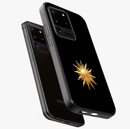 Golden Sun Minimalism Glass Case displayed in angled mockup highlighting eerie shadow illustration with gothic aesthetic.