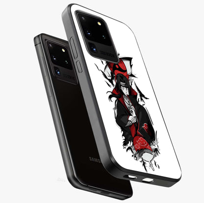 Itachi Limited Edition Naruto Anime Glass Case displayed in angled mockup highlighting dramatic anime illustration with bold action aesthetic.