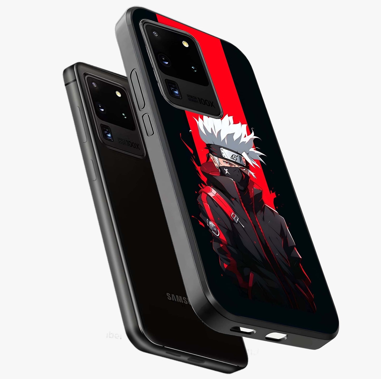 Kakashi Scarlet Shadow Glass Case displayed in angled mockup highlighting dramatic ninja illustration with scarlet themed aesthetic.