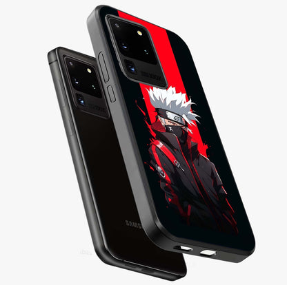 Kakashi Scarlet Shadow Glass Case displayed in angled mockup highlighting dramatic ninja illustration with scarlet themed aesthetic.