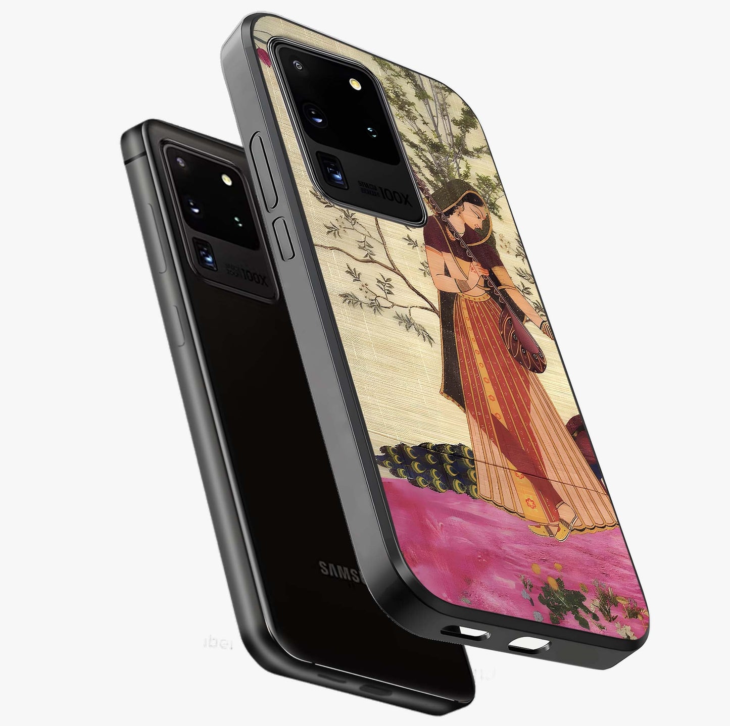 Lady With Veena Art Glass Case displayed in angled mockup highlighting graceful musical illustration with cultural artistic aesthetic.