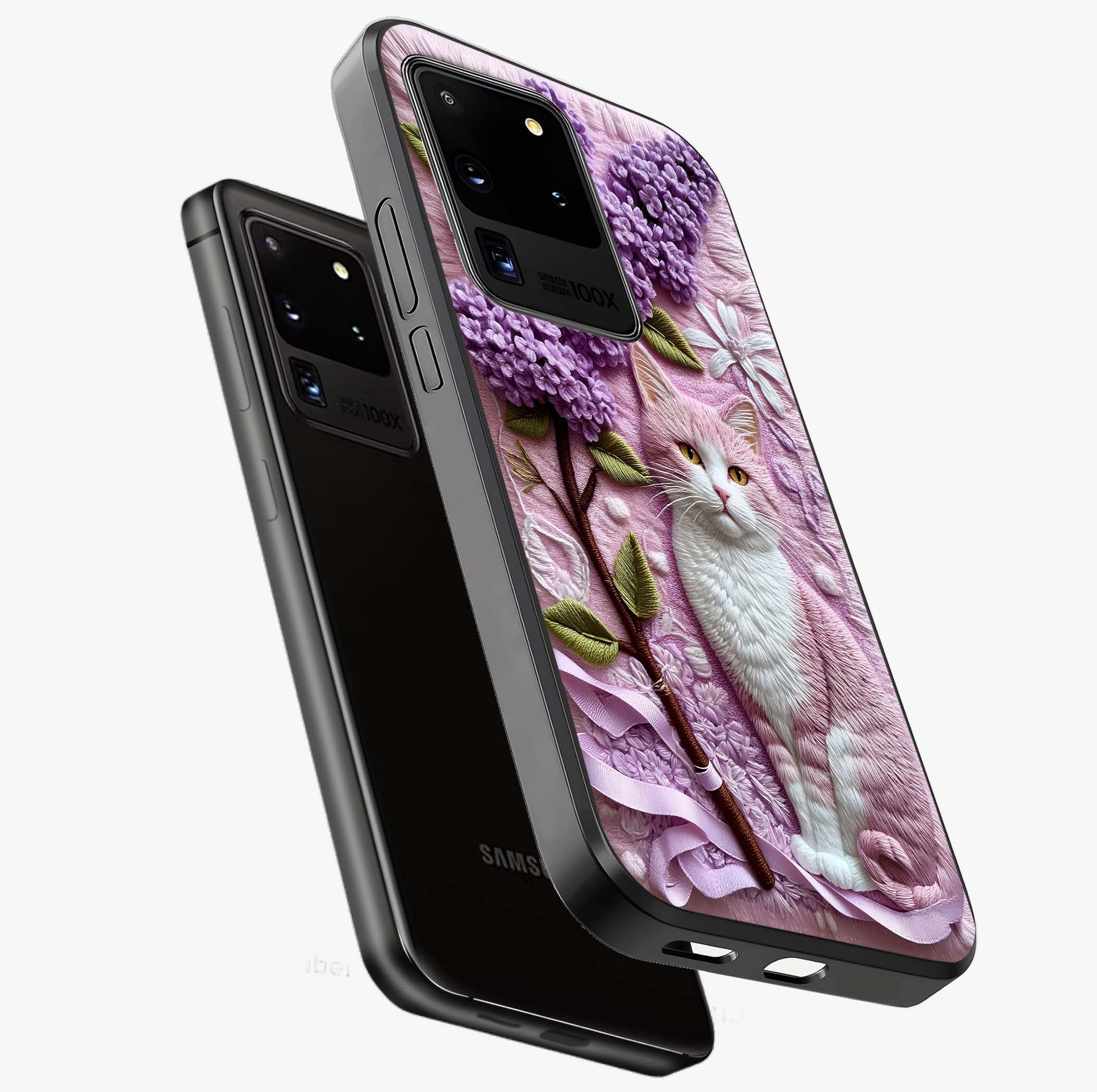 Lavender Cat Whimsy Glass Case displayed in angled mockup highlighting playful feline illustration with pastel lavender aesthetic.