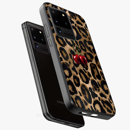 Leopard Wild Cherry Glass Case displayed in angled mockup highlighting bold animal print design with playful cherry aesthetic.