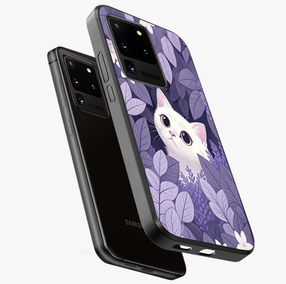 Lilac Hide Peek Cat Glass Case displayed in angled mockup highlighting playful feline illustration with lilac aesthetic design.