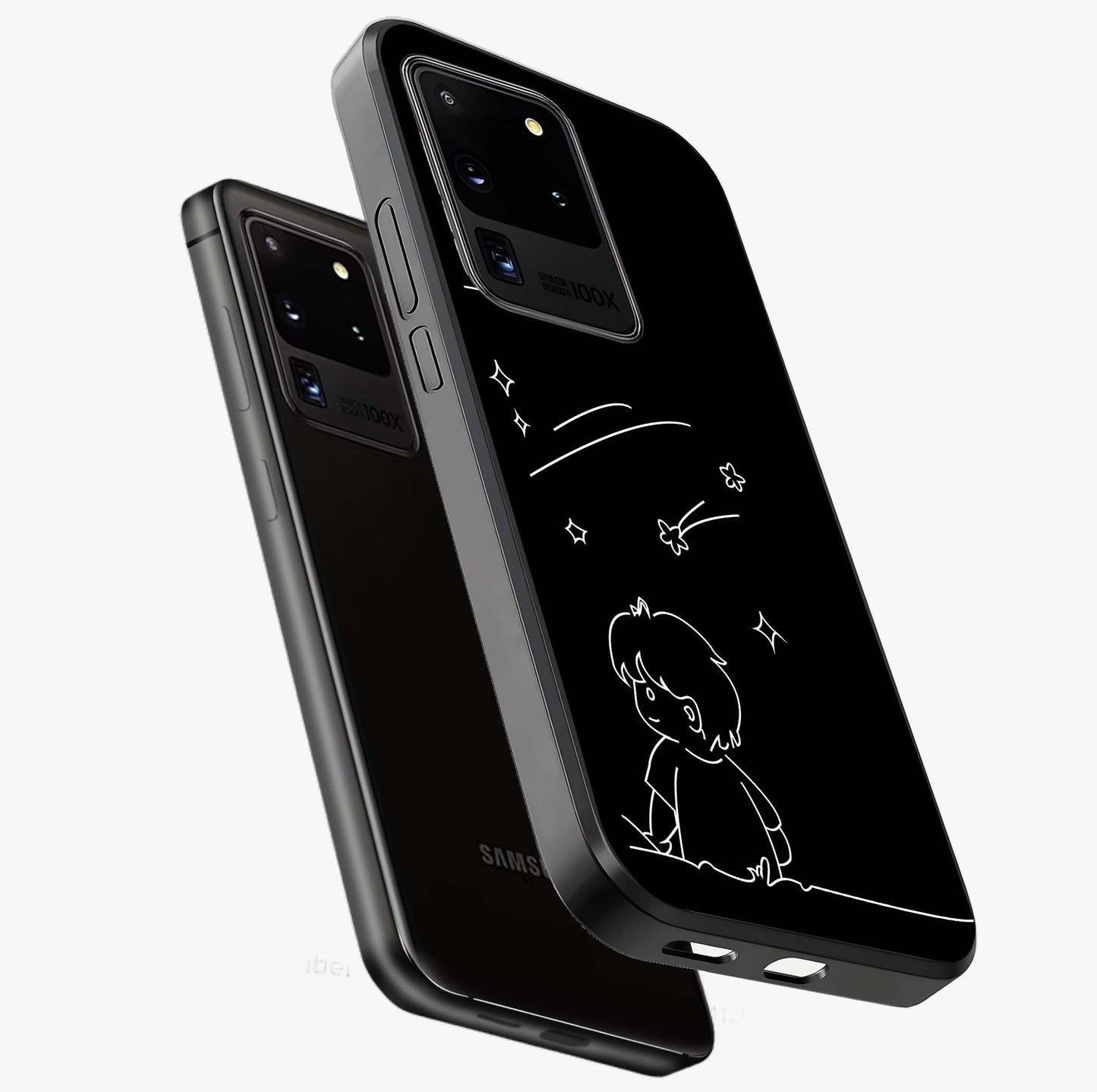 Line Art Boy With Shooting Stars Glass Case displayed in angled mockup highlighting elegant line art design with dreamy star aesthetic.